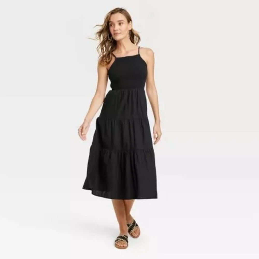 universal thread sleeveless smocked open back midi dress in black